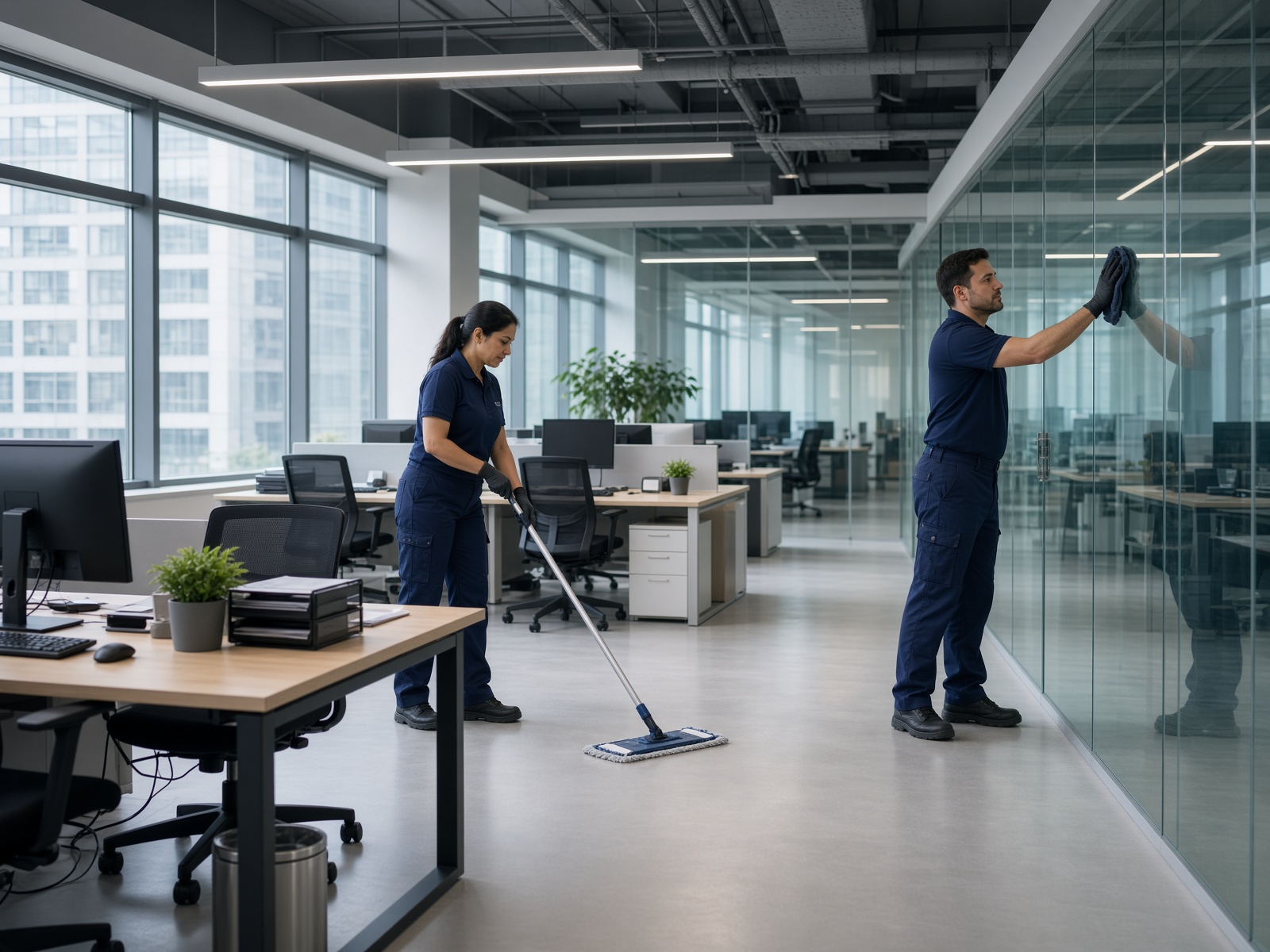 Housekeeping team cleaning a modern open-plan office