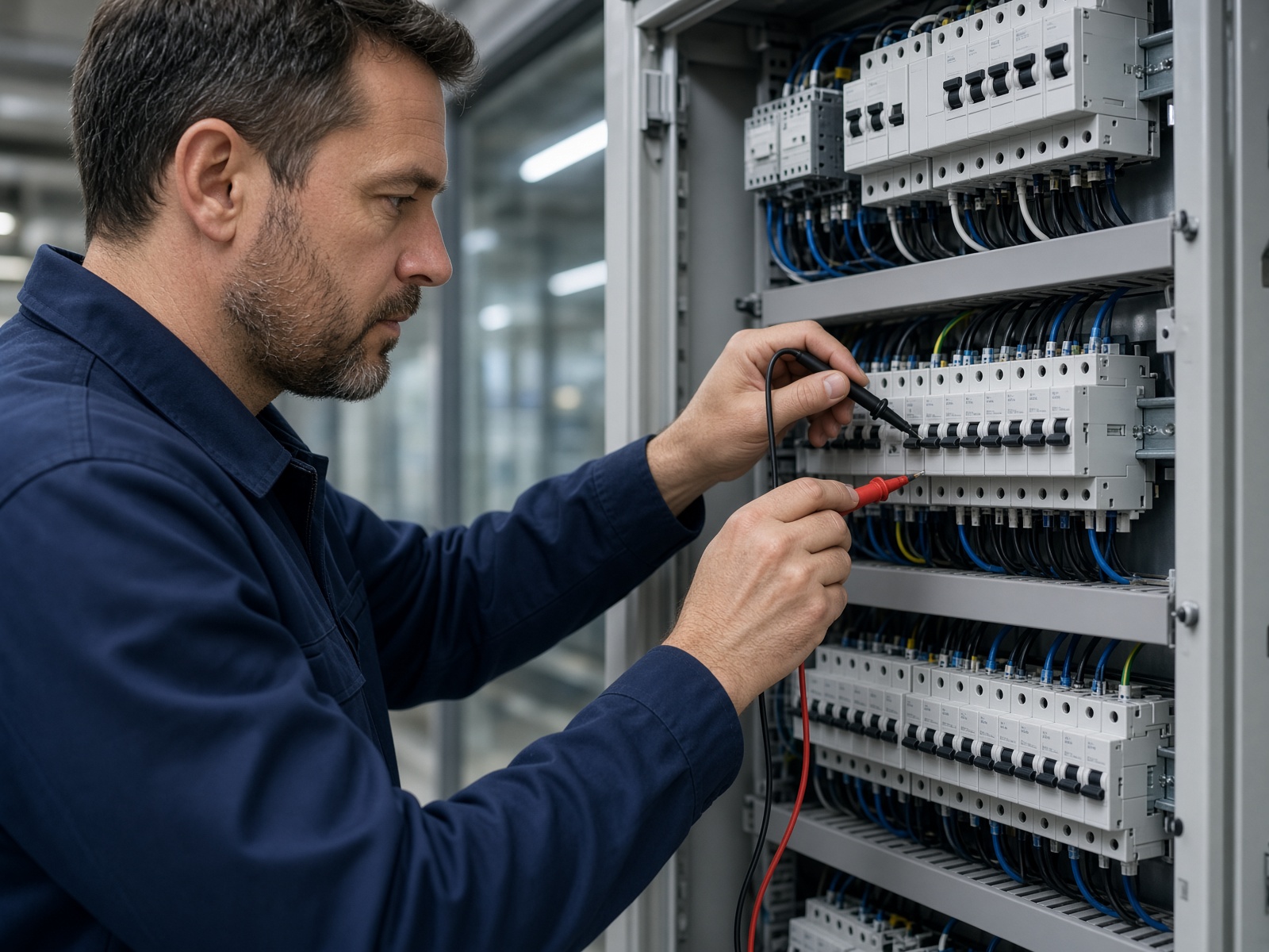 Technician inspecting a commercial electrical panel