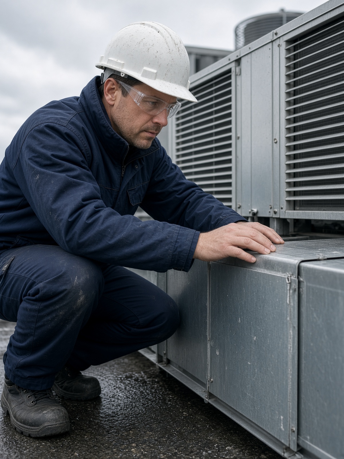 Technician servicing commercial HVAC equipment