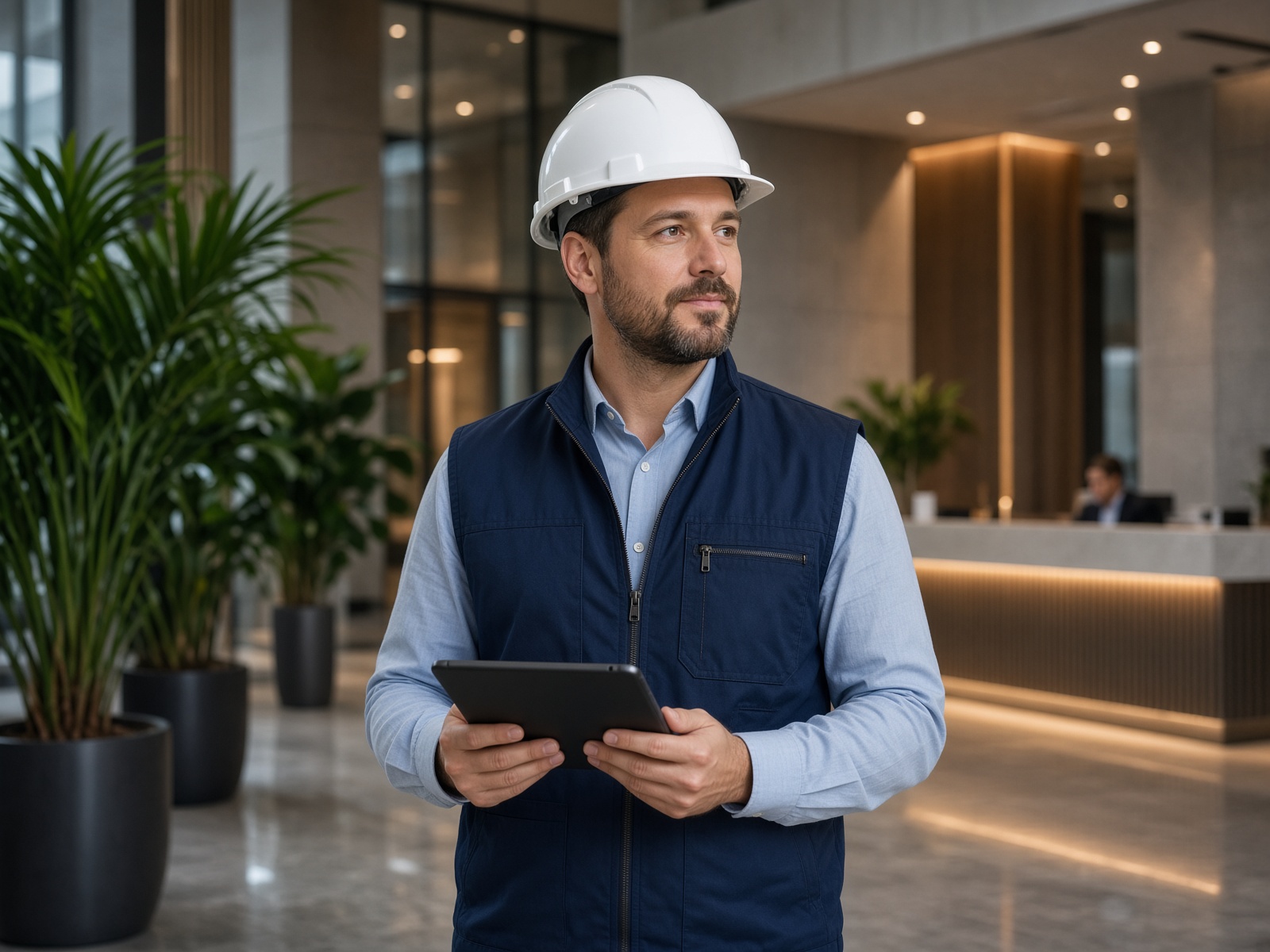 Facility coordinator reviewing readiness in a corporate lobby