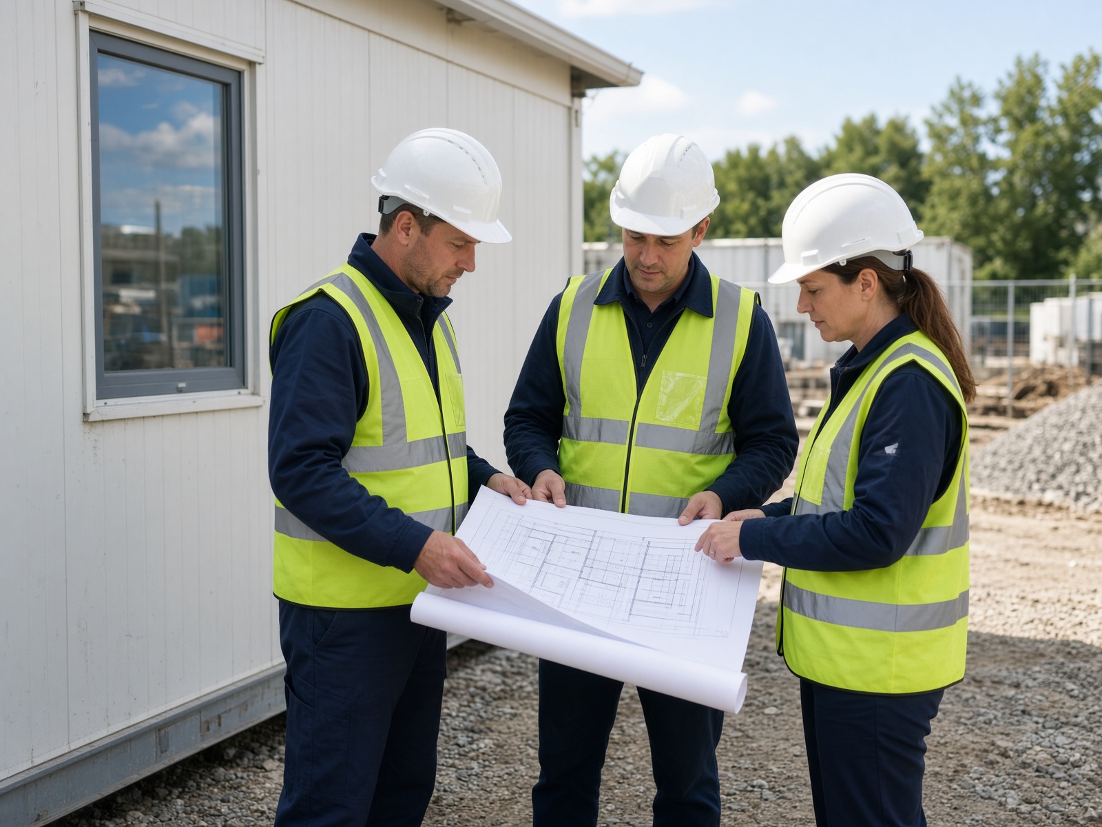 Coordinators reviewing drawings at a project facility